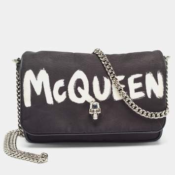 Pre Owned Alexander McQueen Black Graffiti Nylon Skull Crystals Shoulder Bag