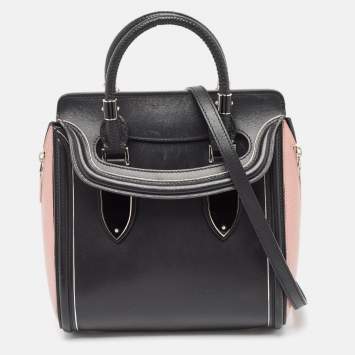 Pre Owned Alexander McQueen Black/Pink Leather and Croc Embossed Detail Small Heroine Top Handle Bag