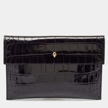 Pre Owned Alexander McQueen Black Croc Embossed Leather Skull Clutch