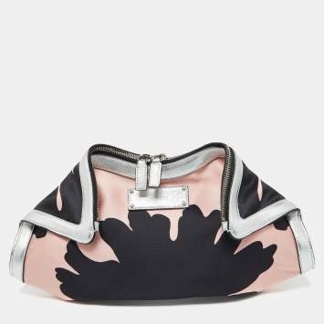 Pre Owned Alexander McQueen Black/Pink Satin and Leather Medium Floral De Manta Clutch