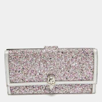 Pre Owned Alexander McQueen Silver Glitter and Leather Skull Continental Wallet