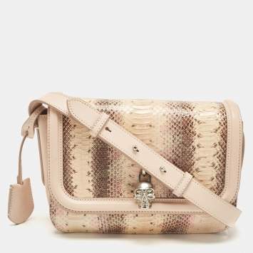 Pre Owned Alexander McQueen Blush Pink Python and Leather Skull Flap Bag