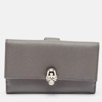 Pre Owned Alexander McQueen Grey Leather Skull Crystals French Wallet