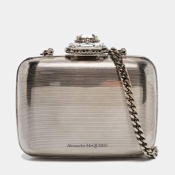 Pre Owned Alexander McQueen Silver Mini Crystals Metal Chain Clutch