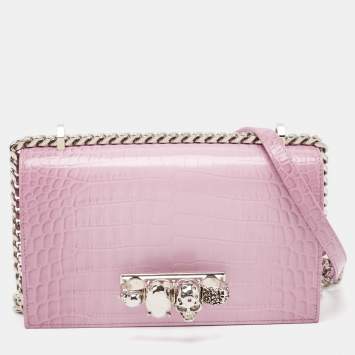 Pre Owned Alexander McQueen Pink Croc Embossed Leather Knuckle Flap Shoulder Bag