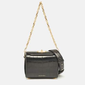 Pre Owned Alexander McQueen Black Croc Embossed Leather Box Shoulder Bag