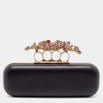 Pre Owned Alexander McQueen Black Leather Crystals Embellished Knuckle Box Clutch