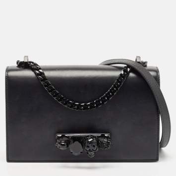 Pre Owned Alexander McQueen Black Leather Jewelled Flap Shoulder Bag