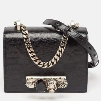 Pre Owned Alexander McQueen Black Lizard Embossed Leather Knuckle Flap Shoulder Bag