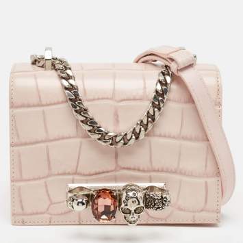 Pre Owned Alexander McQueen Pink Croc Embossed Leather Knuckle Flap Shoulder Bag