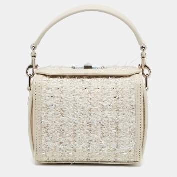 Pre Owned Alexander McQueen White Leather and Tweed Box 19 Shoulder Bag
