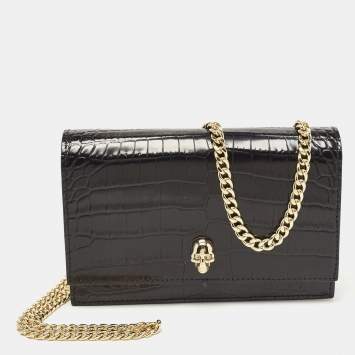 Pre Owned Alexander McQueen Black Croc Embossed Leather Small Skull Shoulder Bag
