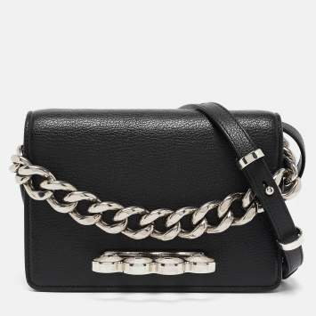 Pre Owned Alexander McQueen Black Leather Four Ring Shoulder Bag