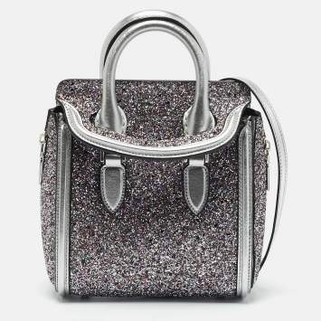 Pre Owned Alexander McQueen Grey Glitter and Leather Mini Heroine Shoulder Bag