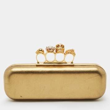 Alexander McQueen Gold Leather Skull Crystals Knuckle Box Clutch