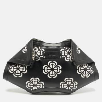 Pre Owned Alexander McQueen Black/White Leather Floral Cut De Manta Clutch