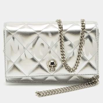 Pre Owned Alexander McQueen Silver Quilted Leather Small Skull Chain Bag 