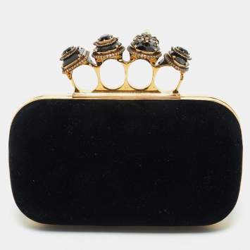 Pre Owned Alexander McQueen Black Velvet Four Ring Embellished Box Clutch