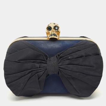 Pre Owned Alexander McQueen Navy Blue Leather Bow Skull Box Clutch