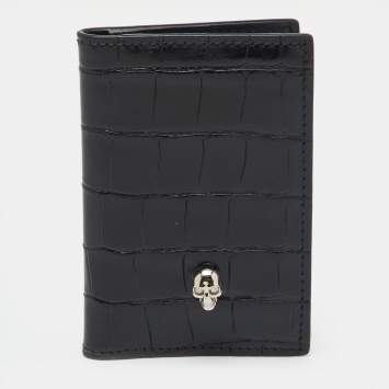 Pre Owned Alexander McQueen Black Croc Embossed Leather Skull Bifold Card Case