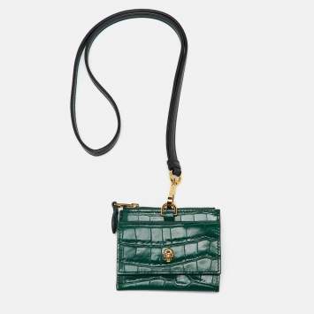 مملوكة مسبقًا حافظة بطاقات ألكسندر ماكوين جلد أخضر منقوش كروكودايل جمجمة بسحاب مع حزام