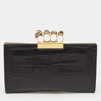 مملوكة مسبقًا حقيبة بوش أل�كسندر ماكوين بلون أسود بنقش تمساح بجلد مع خواتم كريستال رباعية