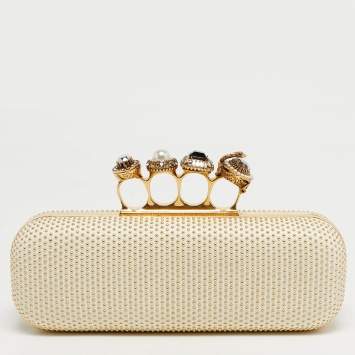 Pre Owned Alexander McQueen Studded Four Ring White Leather Knuckle Clutch