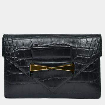 Pre Owned Alexander McQueen Black Croc Effect Leather Envelope Clutch