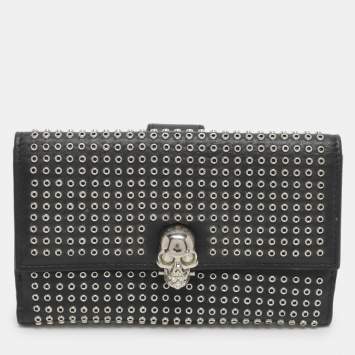 Pre Owned Alexander McQueen Skull Embellished Black Leather French Wallet