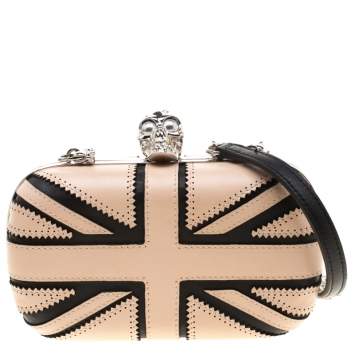 Pre Owned Alexander McQueen Beige/Black Leather Patchwork Britannia Skull Box Clutch