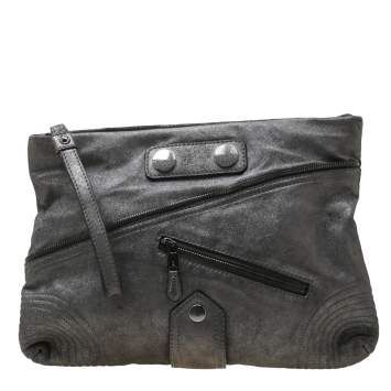 Pre Owned Alexander McQueen Metallic Grey Textured Leather Wristlet Clutch