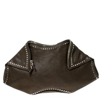 Pre Owned Alexander McQueen Olive Green Leather Medium De Manta Clutch