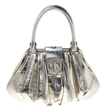 Pre Owned Alexander McQueen Metallic Gold Croc Embossed Patent Leather Elvie Satchel