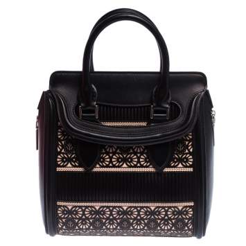 Pre Owned Alexander McQueen Black/Peach Laser Cut Leather East West Heroine Tote 