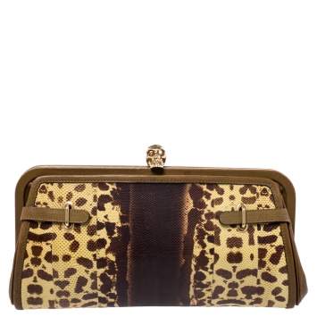 Pre Owned Alexander McQueen Brown Leather and Watersnake Reversible Skull Clutch 
