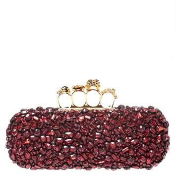Pre Owned Alexander McQueen Red Crystal Embellished Leather Skull Knuckle Box Clutch