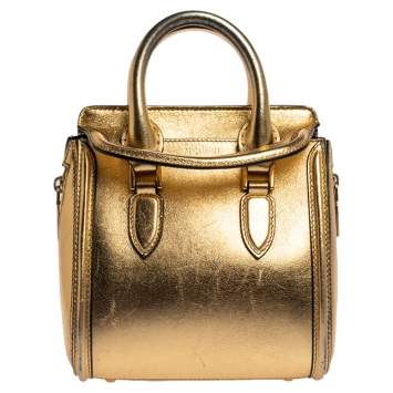 Pre Owned Alexander McQueen Metallic Gold Leather Mini Heroine Bag
