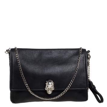 Pre Owned Alexander McQueen Black Leather Skull  Flap Chain Clutch