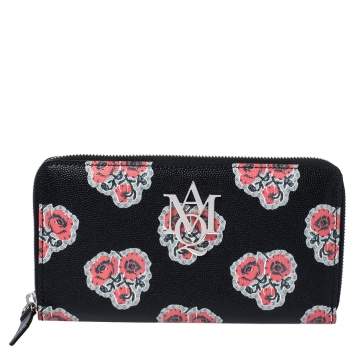 Pre Owned Alexander McQueen Black/Red Floral Print Leather Zip Around Continental Wallet