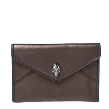 Pre Owned Alexander McQueen Metallic Brown Leather Skull Card Holder