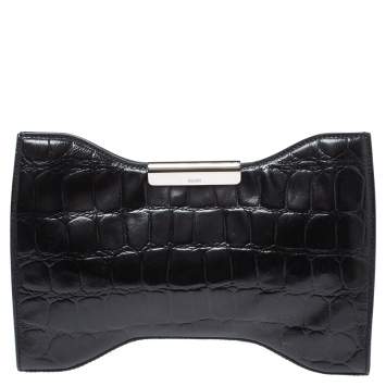 Pre Owned Alexander McQueen Black Croc Embossed Patent Leather Squeeze It Clutch 
