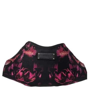 Pre Owned Alexander McQueen Black/Pink Floral Print Satin and Leather Medium De Manta Clutch