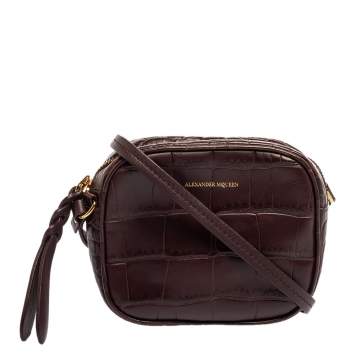 Pre Owned Alexander Mcqueen Burgundy Crocodile Embossed Leather Camera Bag 