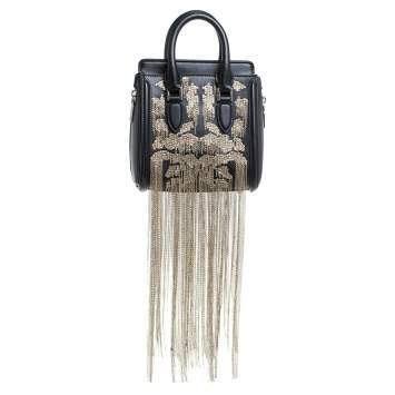 Pre Owned Alexander McQueen Black Leather Mini Fringed Heroine Bag