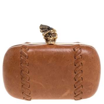 Pre Owned Alexander McQueen Brown Leather Skull Box Clutch