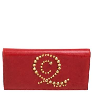 Pre Owned Alexander McQueen Red Leather Studded Flap Clutch