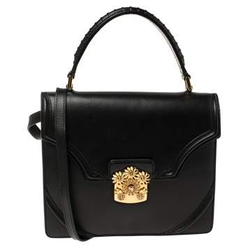Pre Owned Alexander McQueen Black Leather Crystal Flower Clasp Top Handle Bag