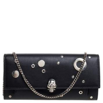 Pre Owned Alexander McQueen Black Leather Eyelet Wallet on Chain