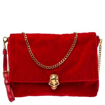 Pre Owned Alexander McQueen Red Velvet Flap Crossbody Bag