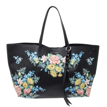 Pre Owned Alexander McQueen Black Floral Print Leather Shopper Tote
